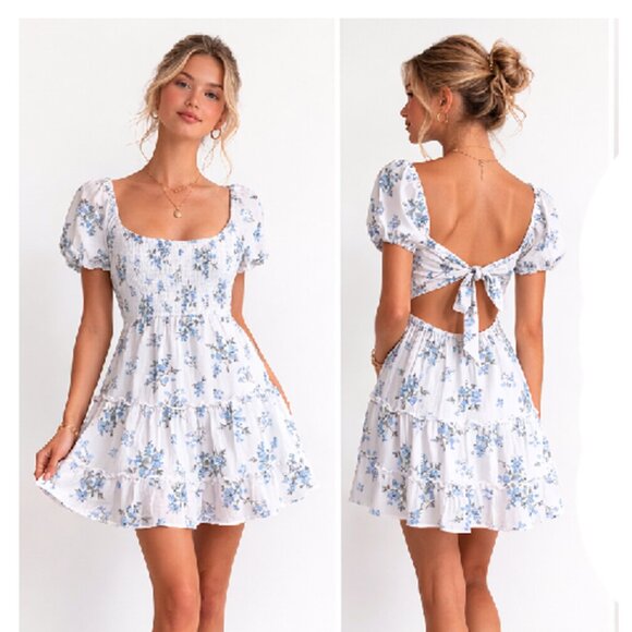 Hollister Dresses & Skirts - Hollister Blue & White Floral Tie Back Mini Dress | Size Small